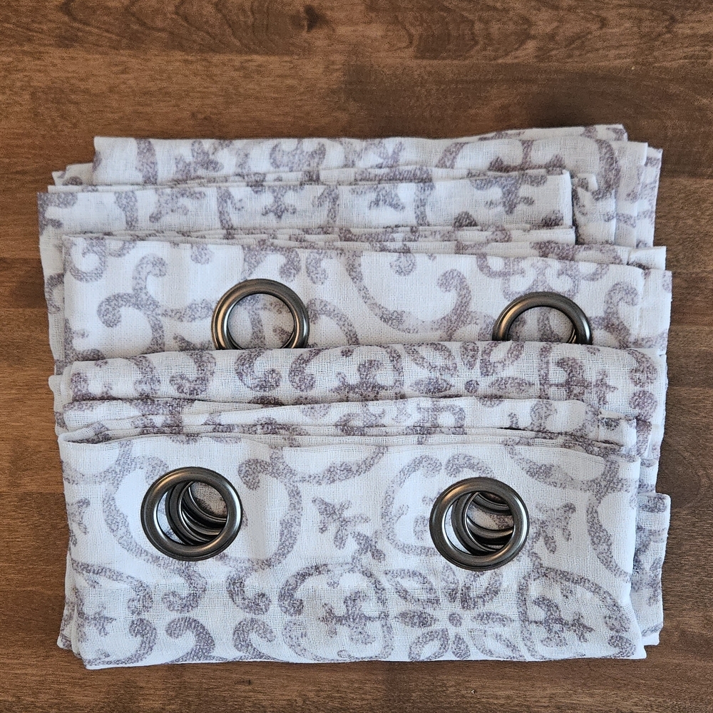Debbie Travis Sheer Curtain Panels 53” x 84” Neutral Scroll Pattern (Set of 2)